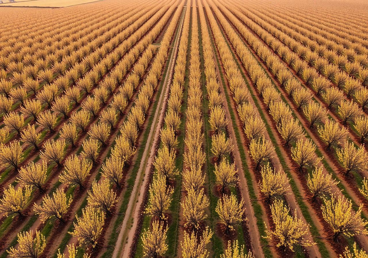 Central Valley almond orchard rows